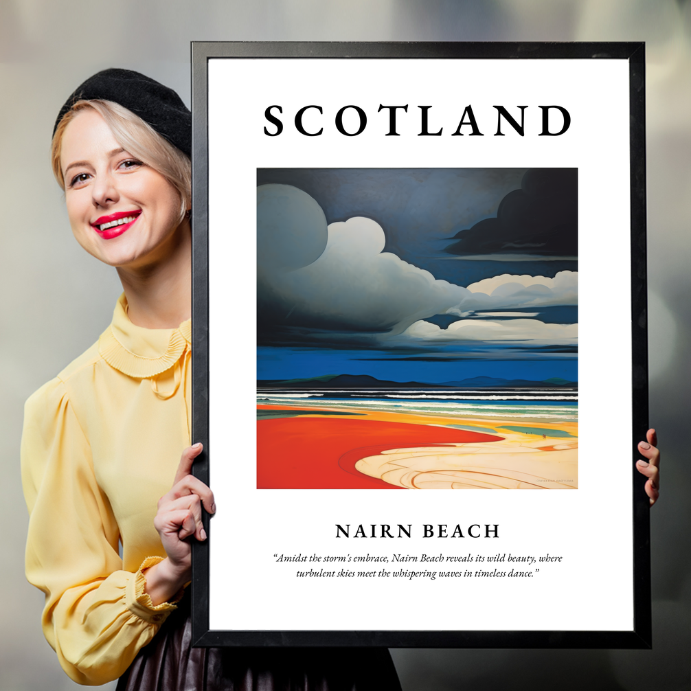 Person holding a poster of Nairn Beach