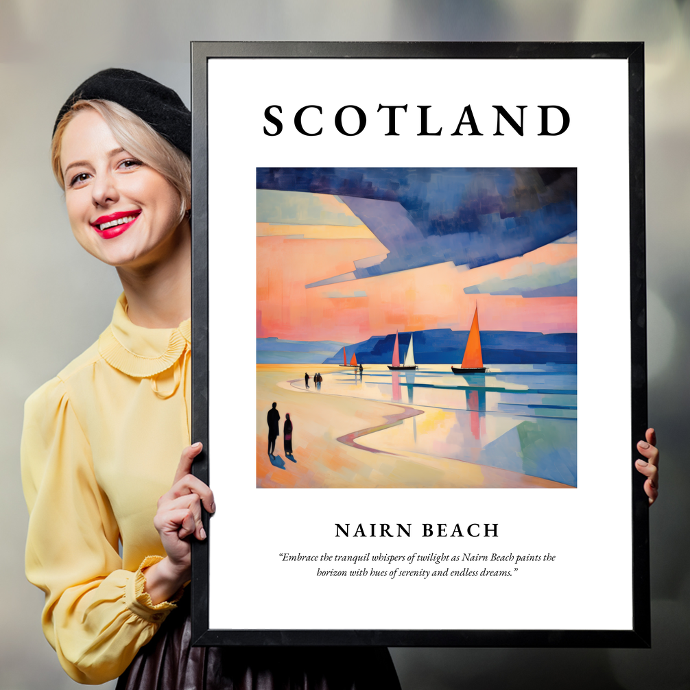 Person holding a poster of Nairn Beach