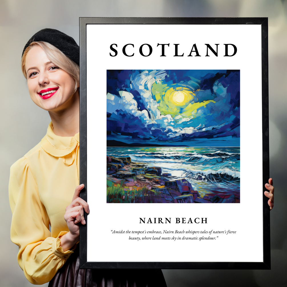 Person holding a poster of Nairn Beach