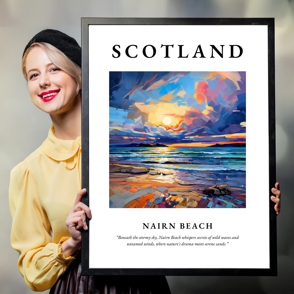 Person holding a poster of Nairn Beach