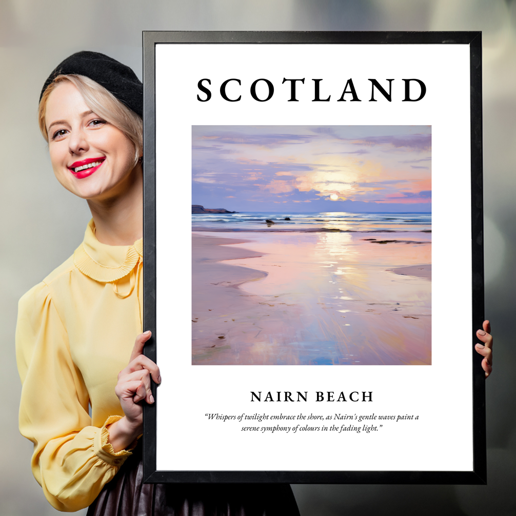 Person holding a poster of Nairn Beach