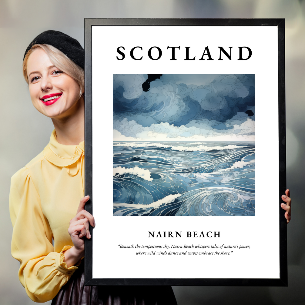 Person holding a poster of Nairn Beach