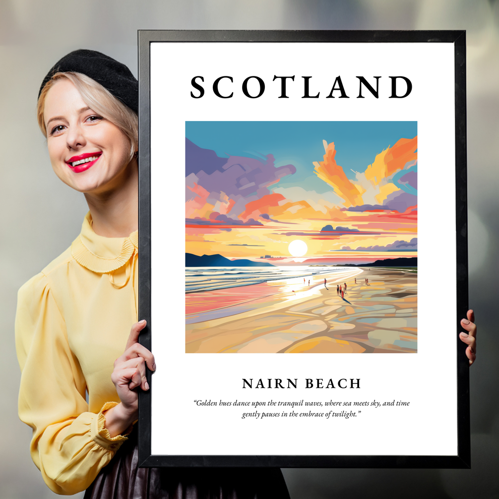 Person holding a poster of Nairn Beach