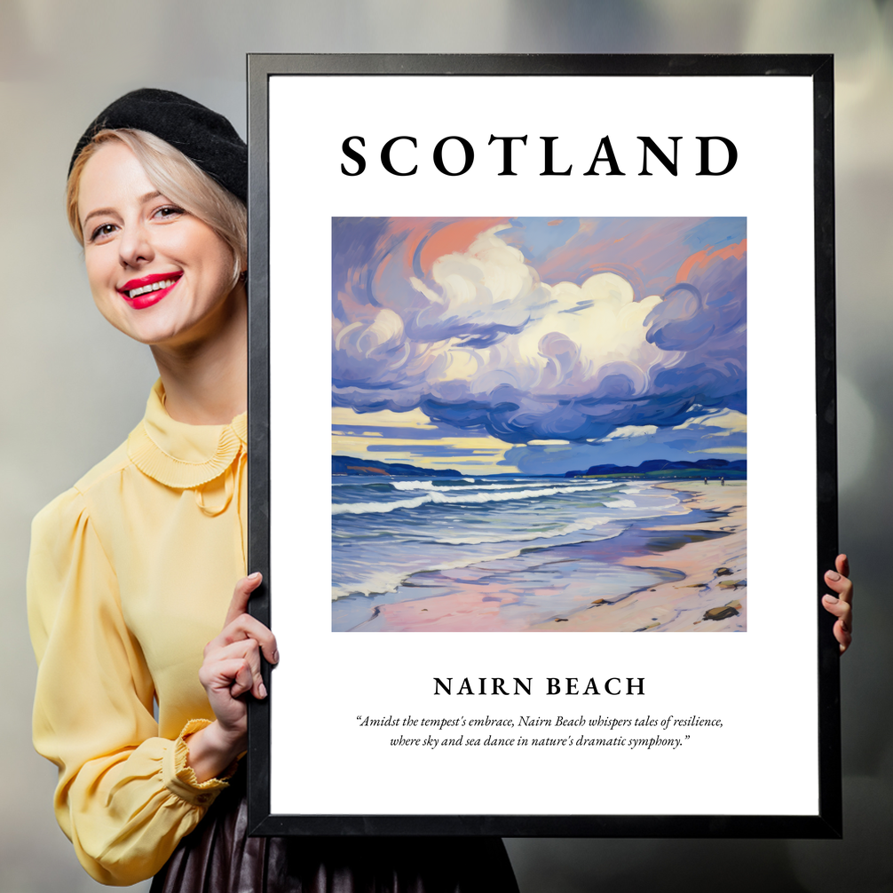 Person holding a poster of Nairn Beach