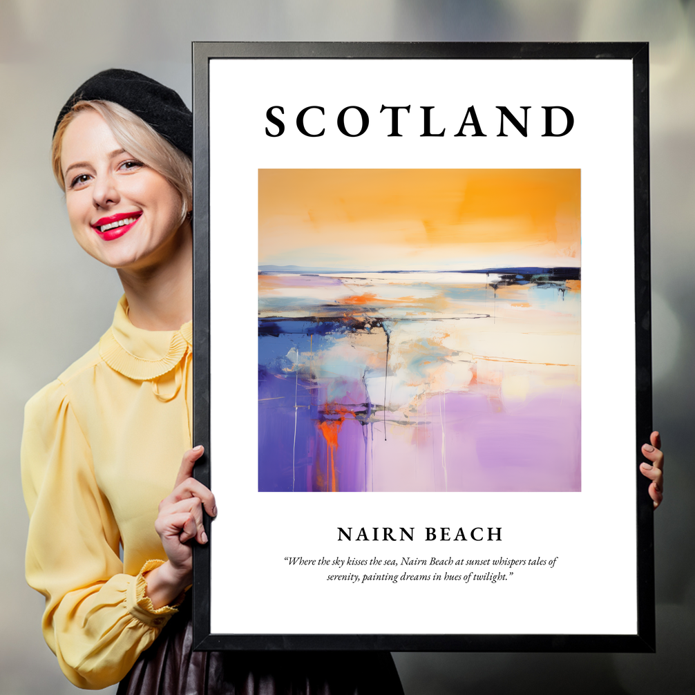 Person holding a poster of Nairn Beach