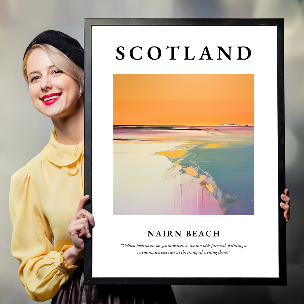 Person holding a poster of Nairn Beach