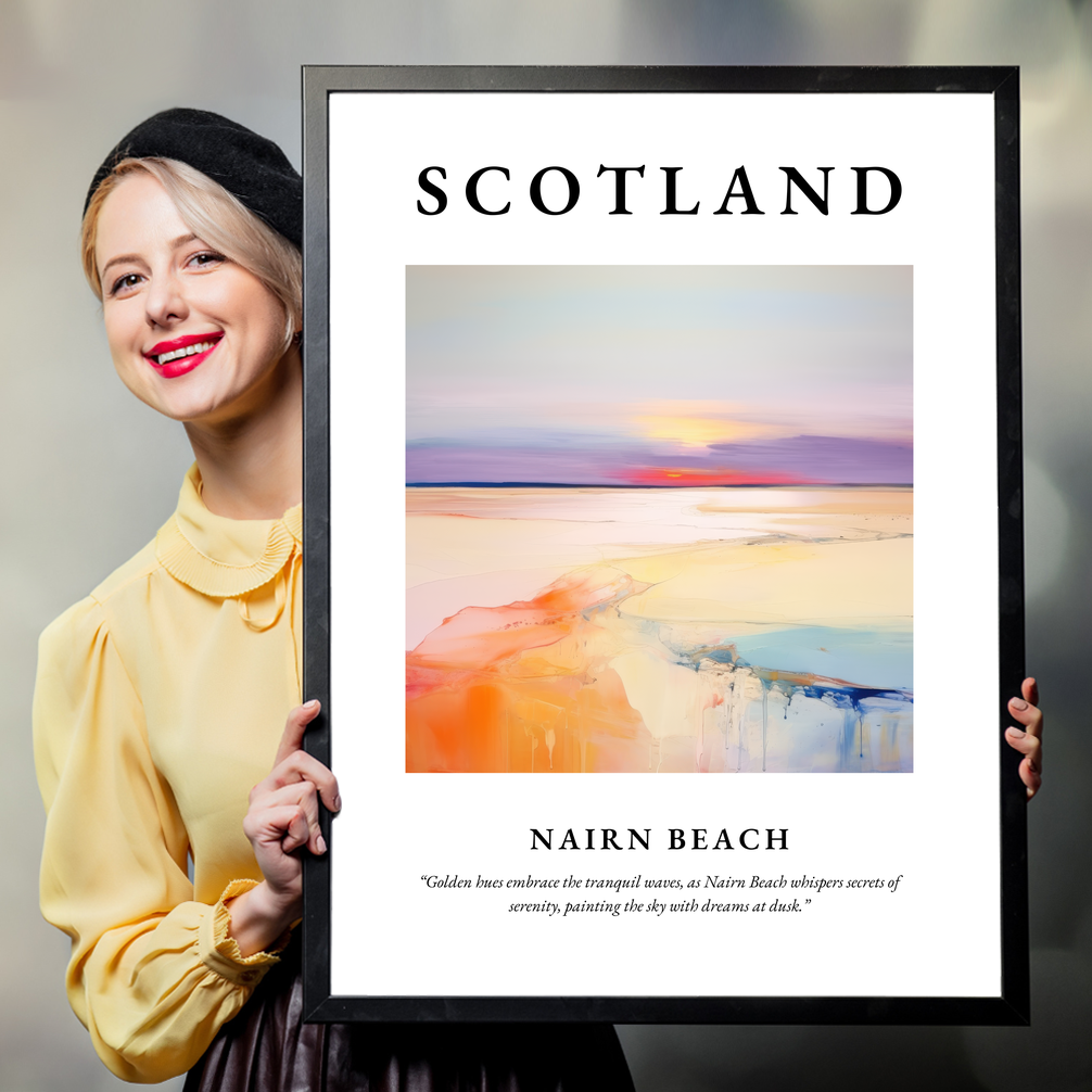 Person holding a poster of Nairn Beach