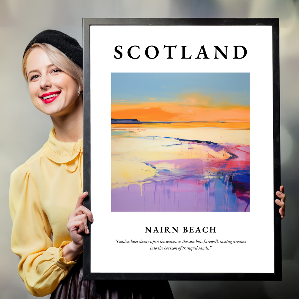 Person holding a poster of Nairn Beach