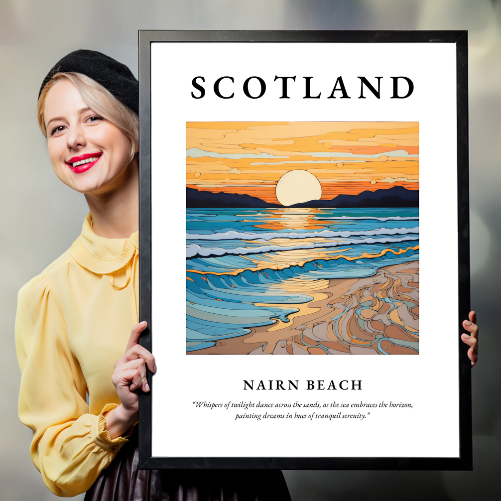 Person holding a poster of Nairn Beach