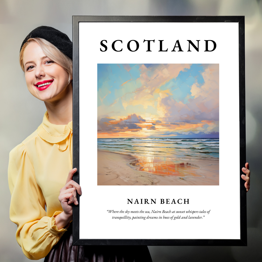 Person holding a poster of Nairn Beach