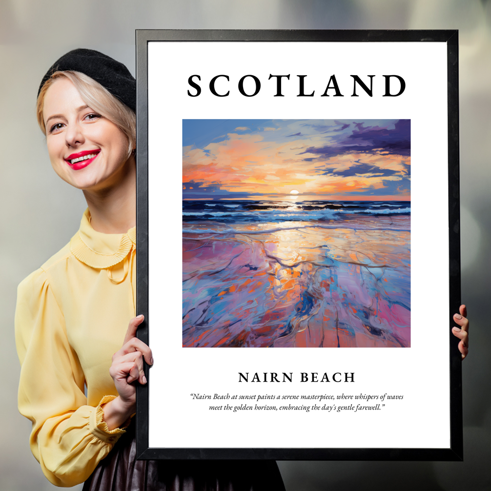 Person holding a poster of Nairn Beach