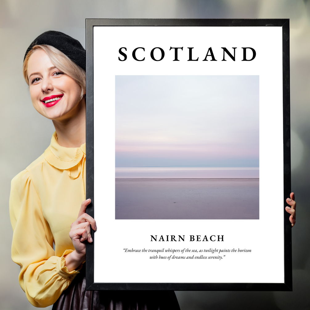 Person holding a poster of Nairn Beach