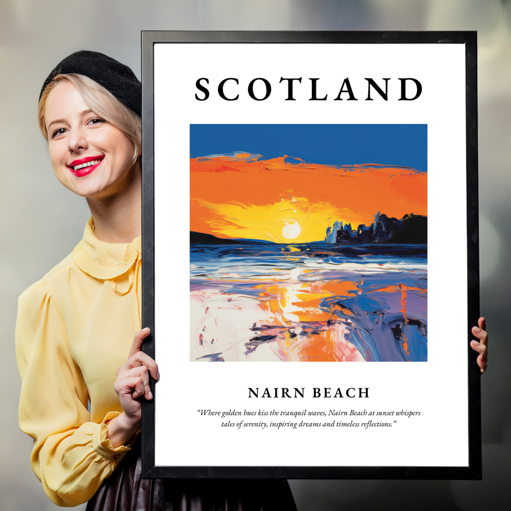 Person holding a poster of Nairn Beach