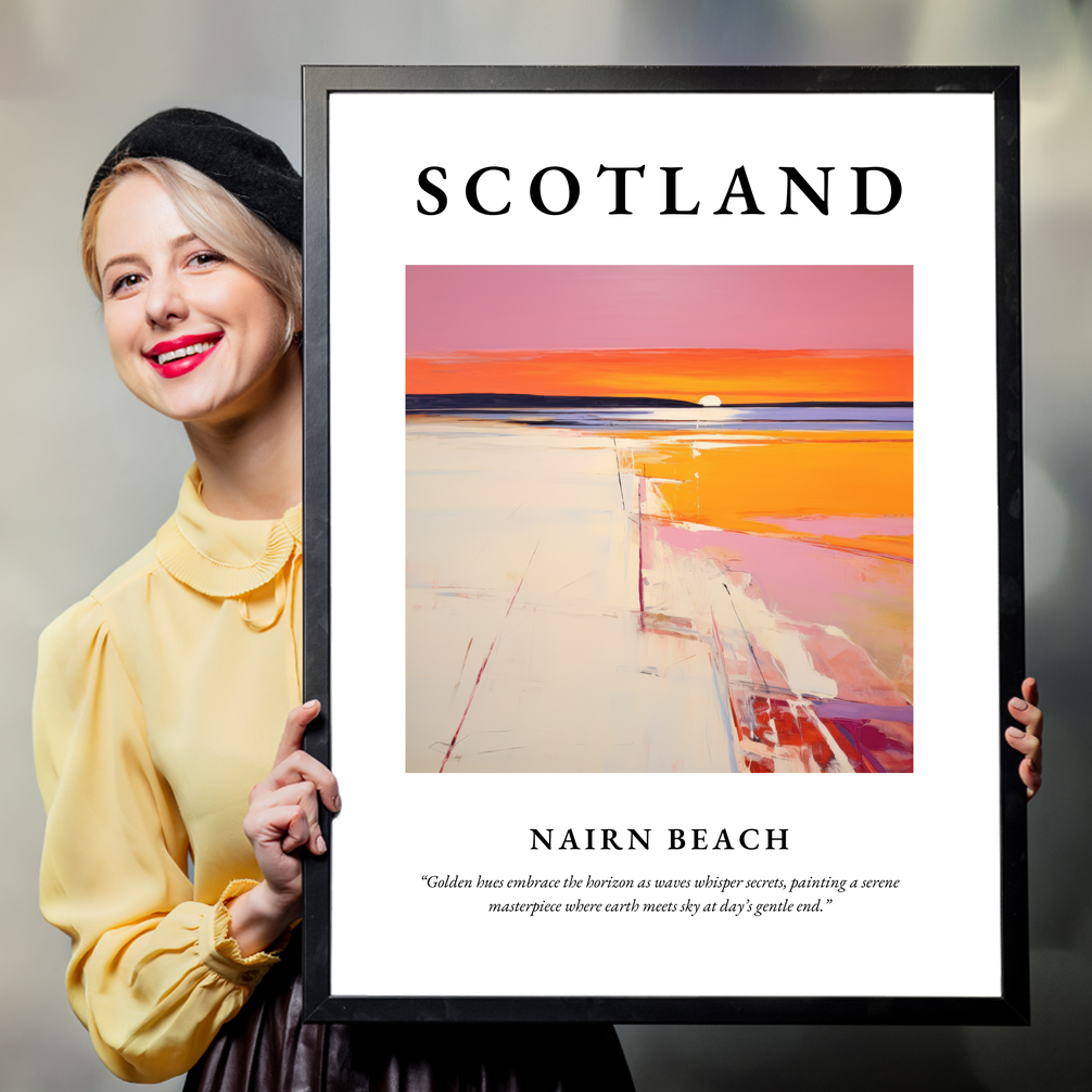 Person holding a poster of Nairn Beach