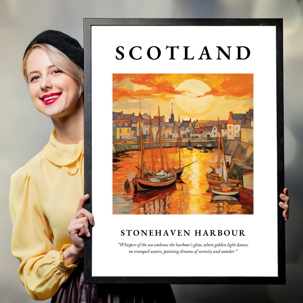 Person holding a poster of Stonehaven Harbour