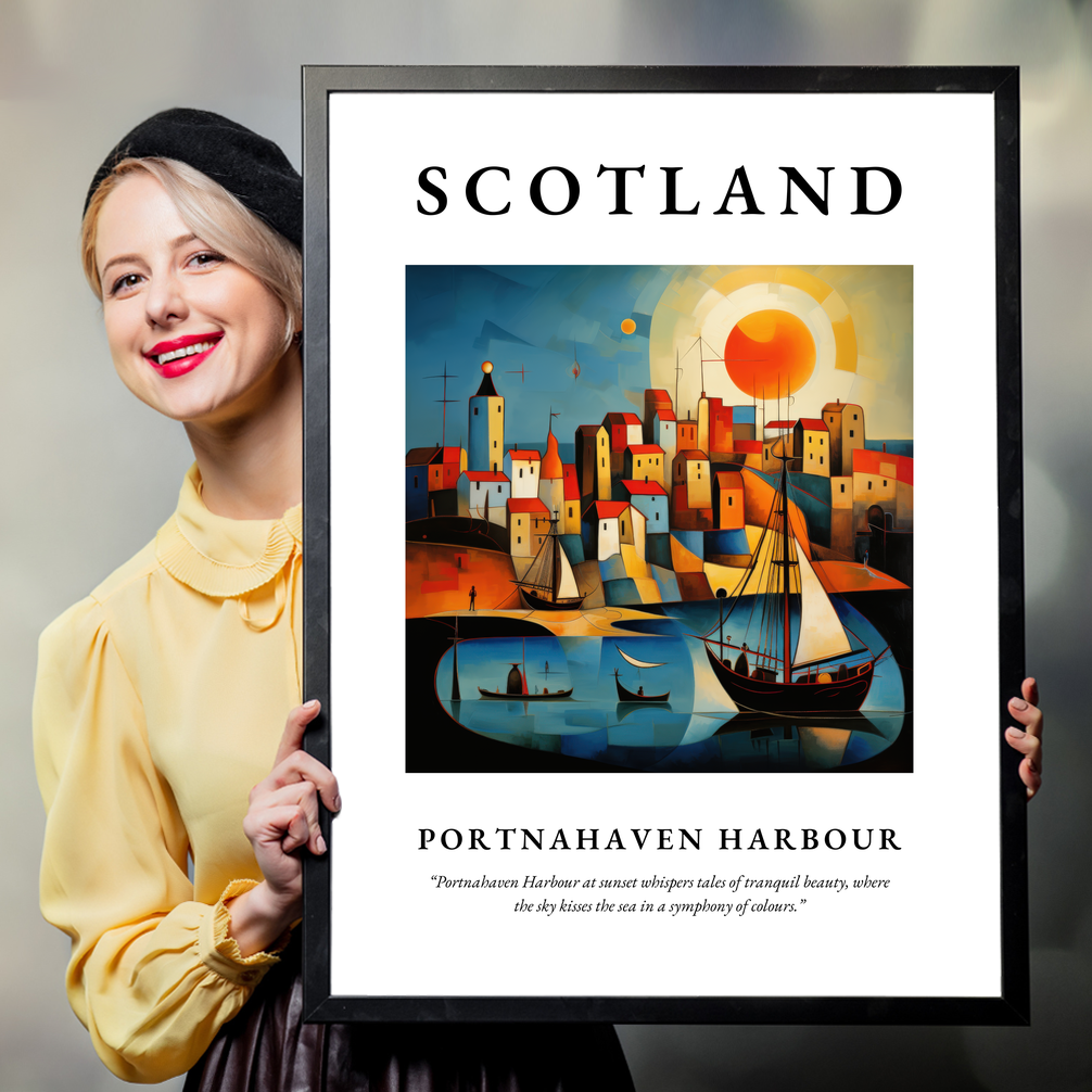 Person holding a poster of Portnahaven Harbour