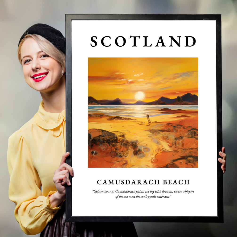 Person holding a poster of Camusdarach Beach