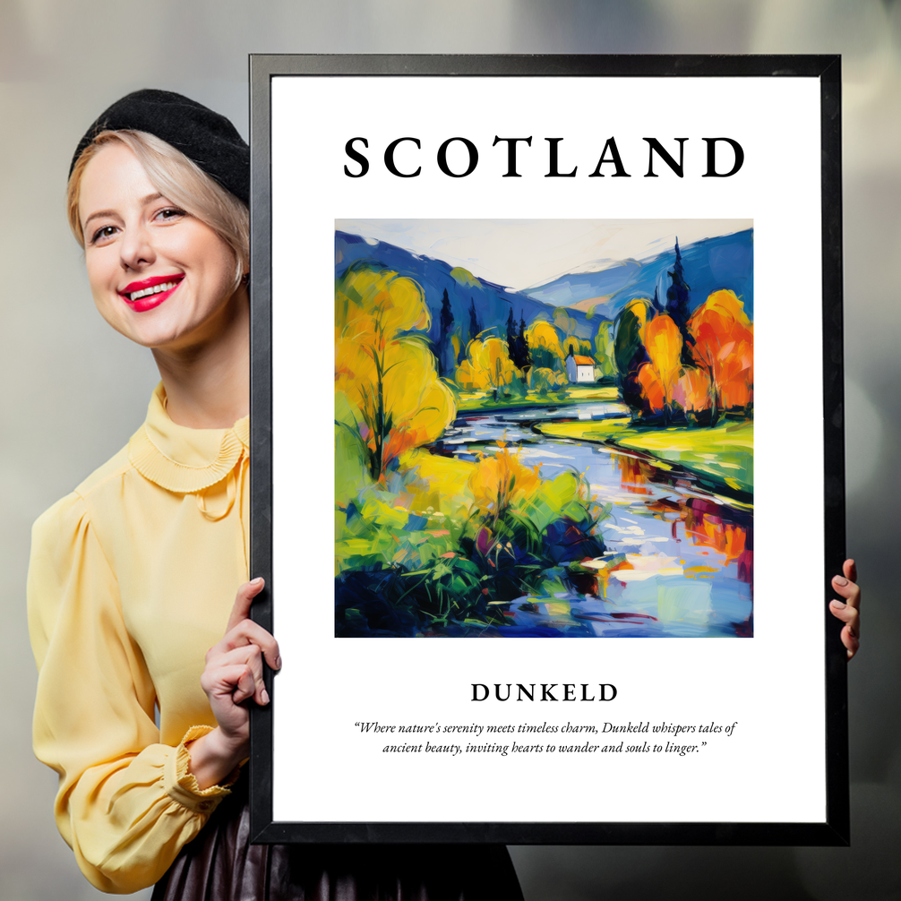 Person holding a poster of Dunkeld