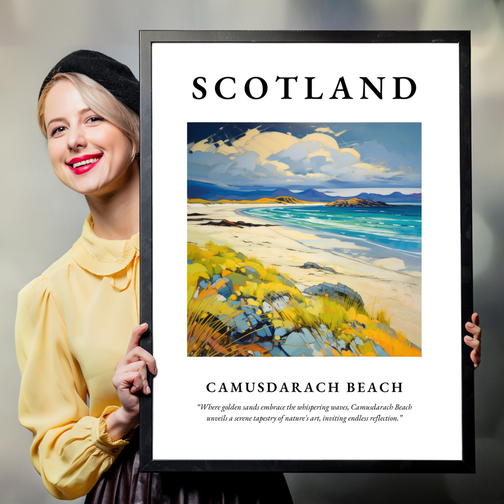 Person holding a poster of Camusdarach Beach