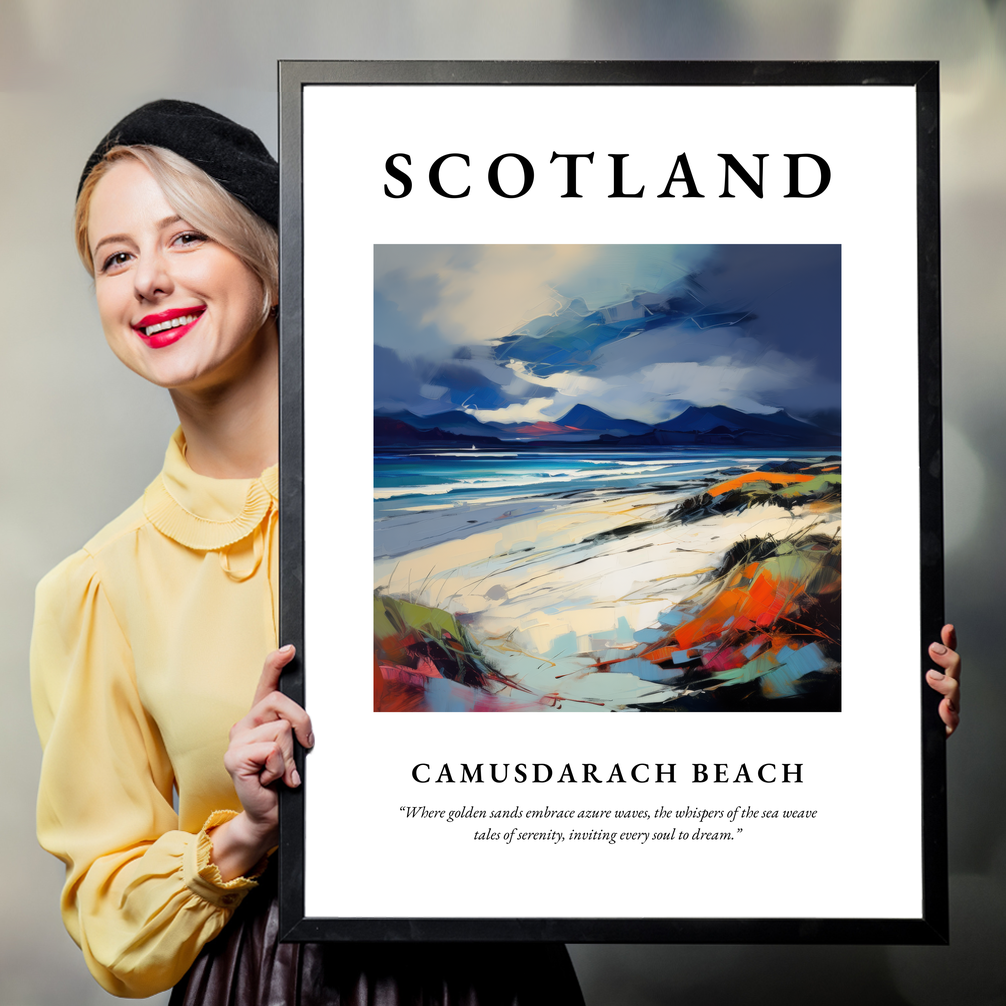 Person holding a poster of Camusdarach Beach