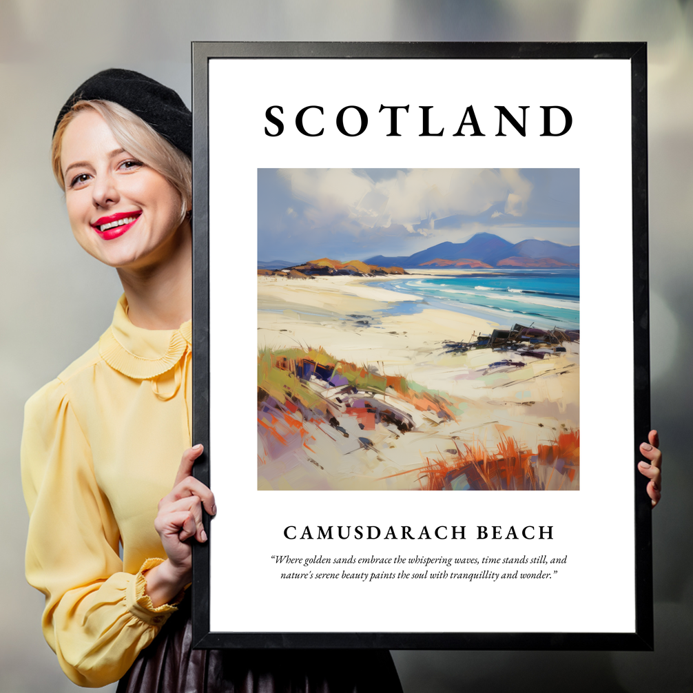 Person holding a poster of Camusdarach Beach