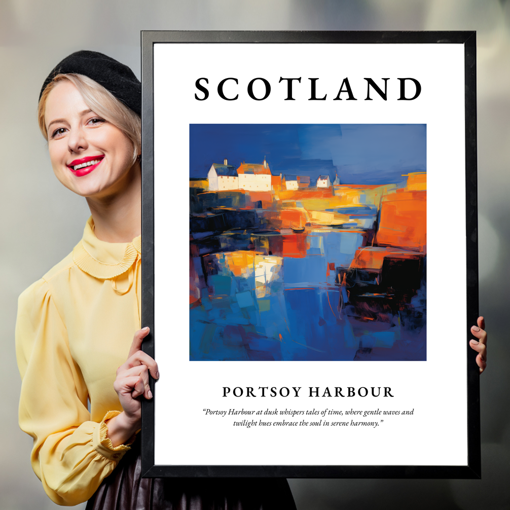 Person holding a poster of Portsoy Harbour