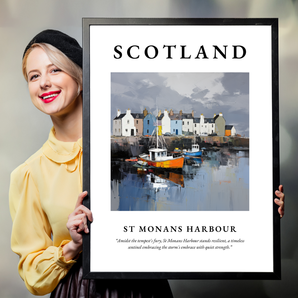 Person holding a poster of St Monans Harbour