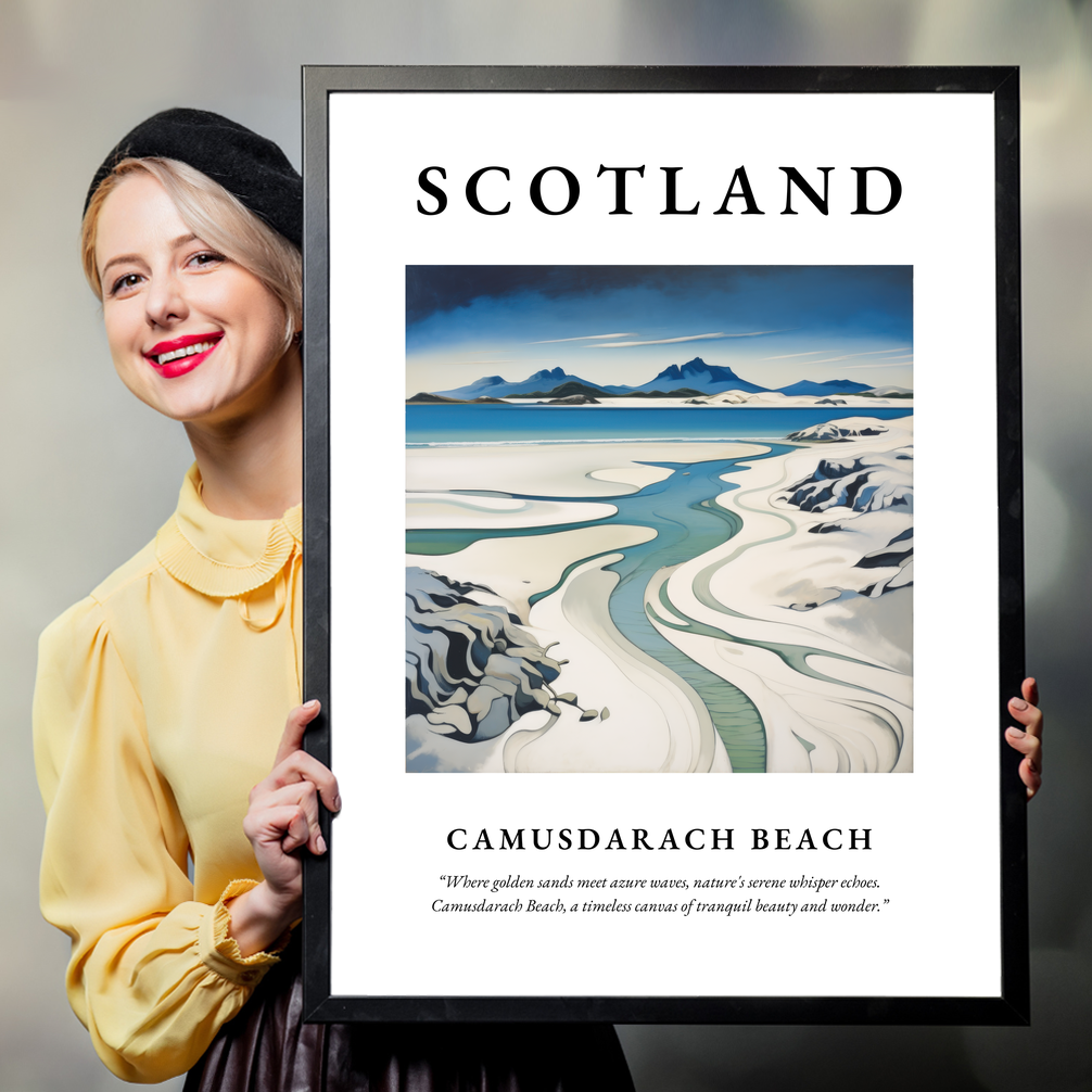 Person holding a poster of Camusdarach Beach