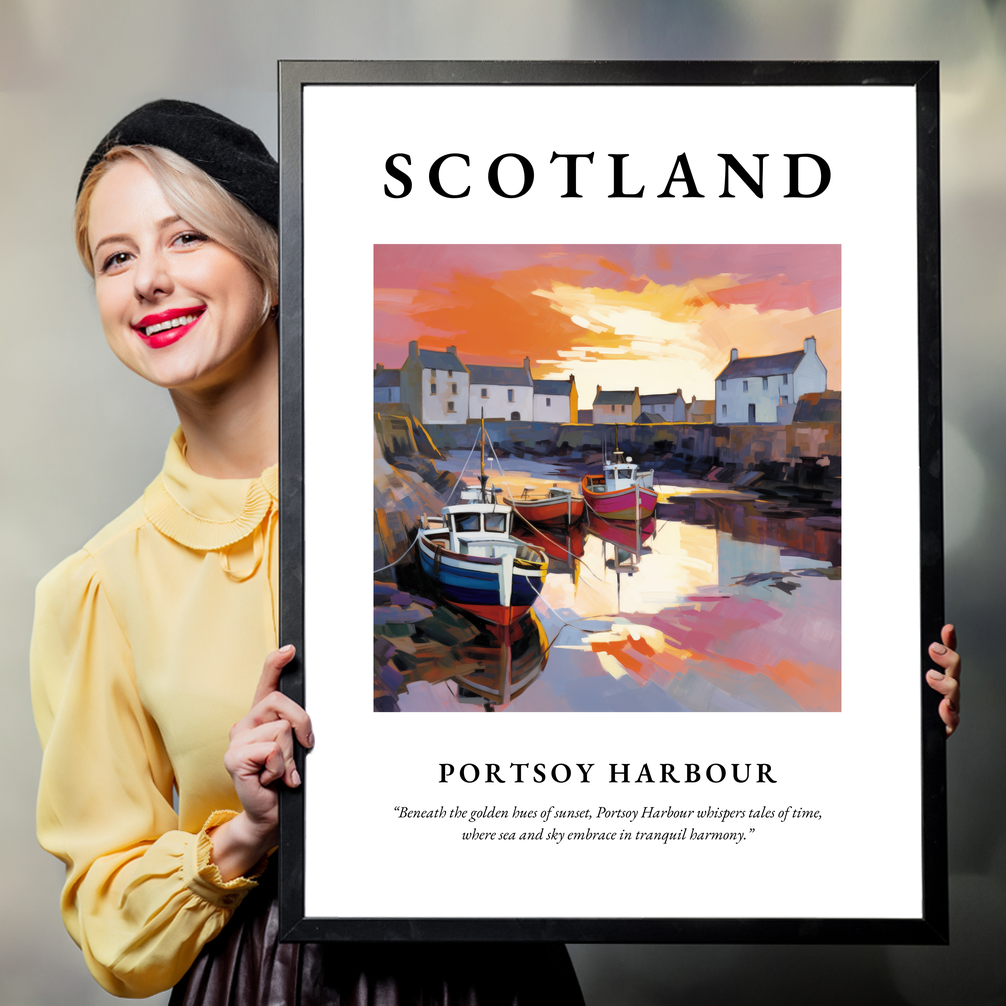 Person holding a poster of Portsoy Harbour