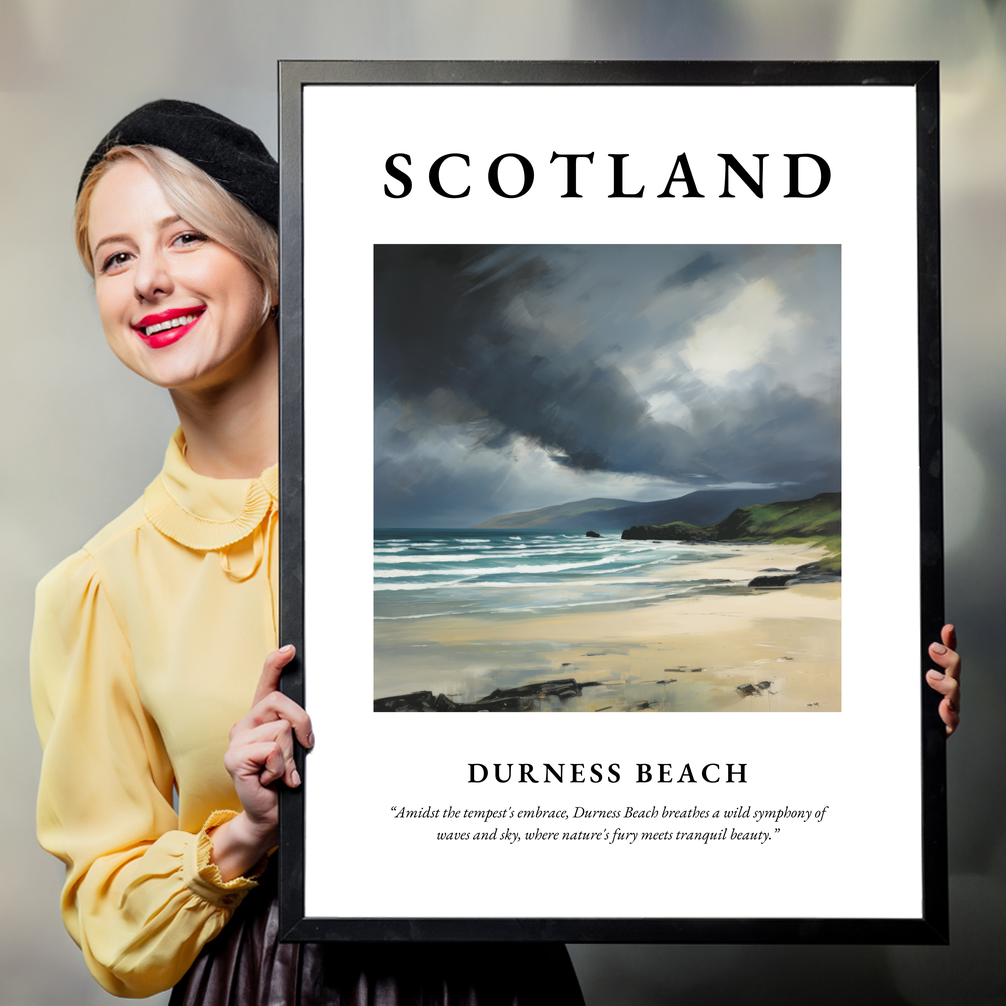 Person holding a poster of Durness Beach