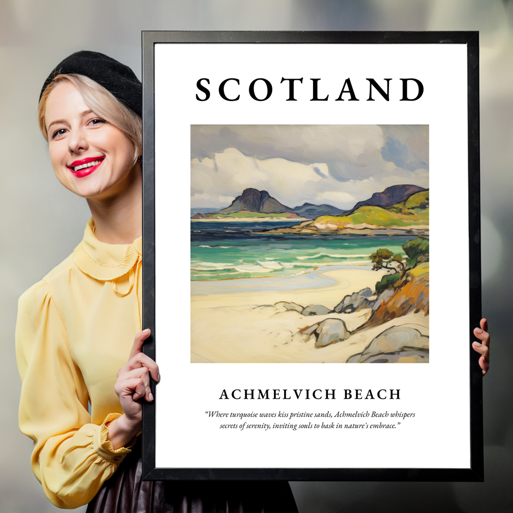 Person holding a poster of Achmelvich Beach