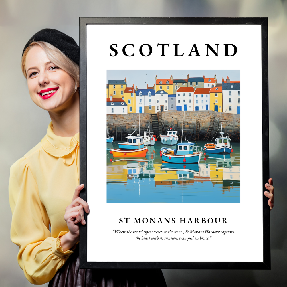 Person holding a poster of St Monans Harbour