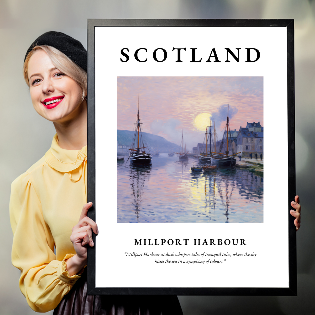 Person holding a poster of Millport Harbour