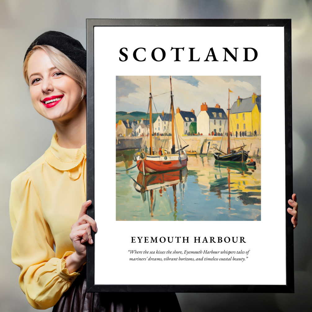 Person holding a poster of Eyemouth Harbour