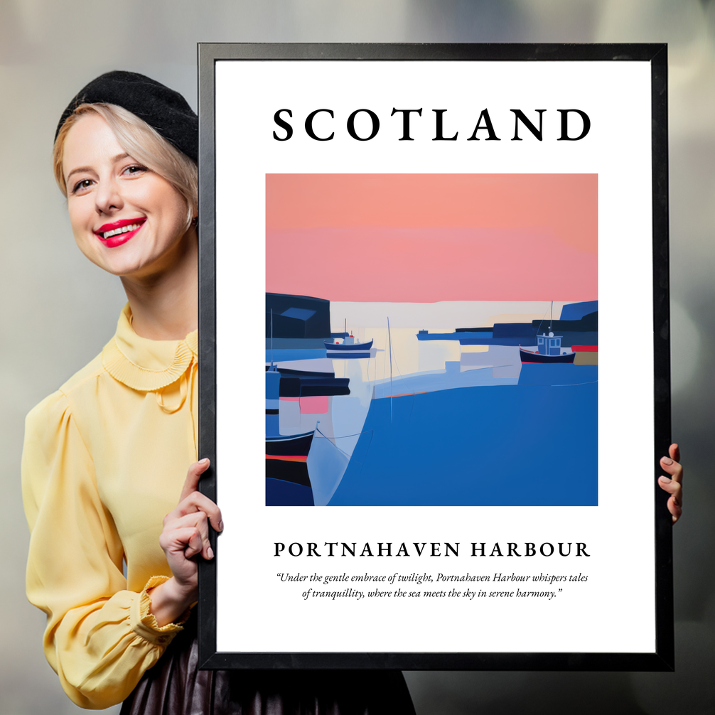 Person holding a poster of Portnahaven Harbour