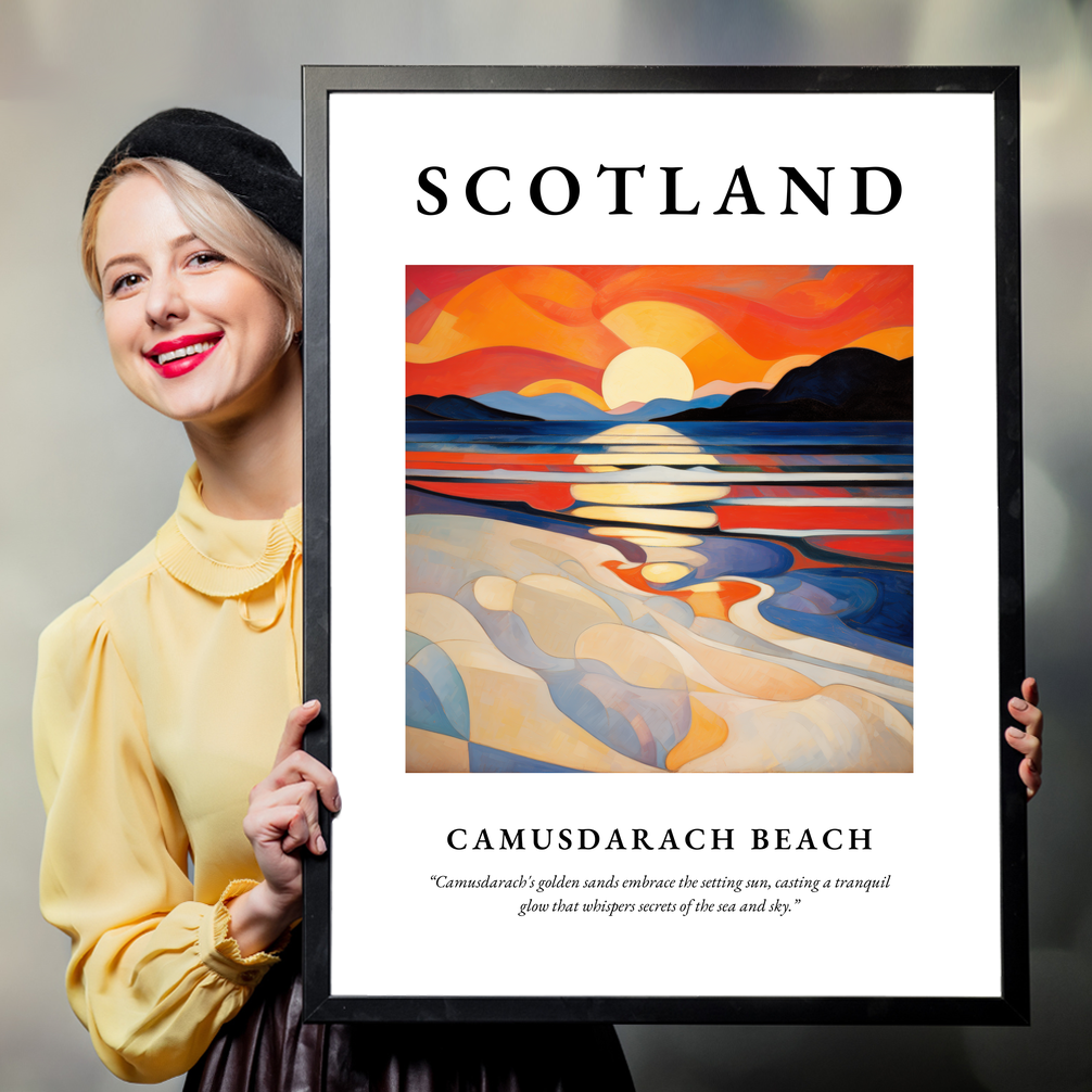 Person holding a poster of Camusdarach Beach