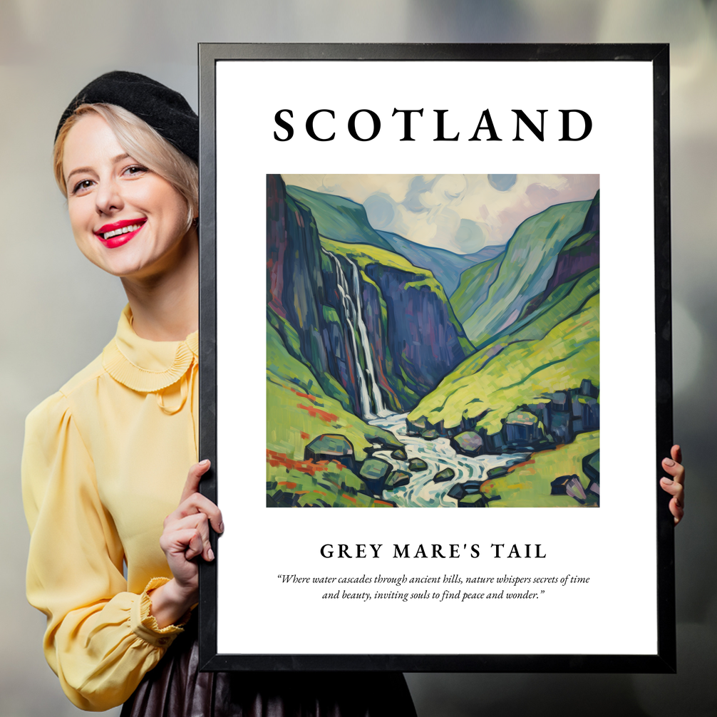 Person holding a poster of Grey Mare's Tail