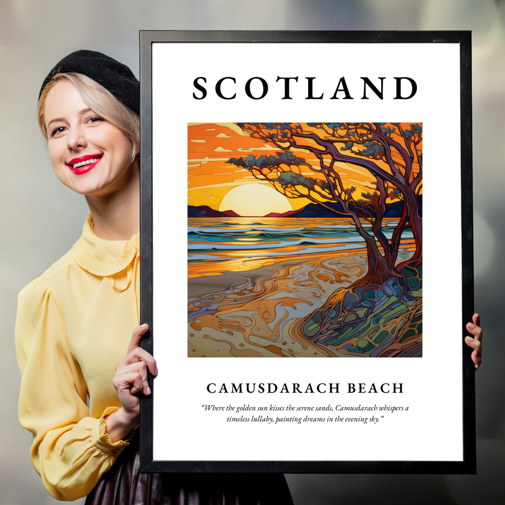 Person holding a poster of Camusdarach Beach