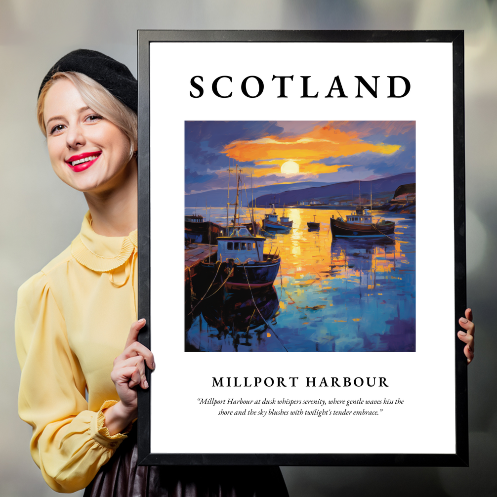 Person holding a poster of Millport Harbour