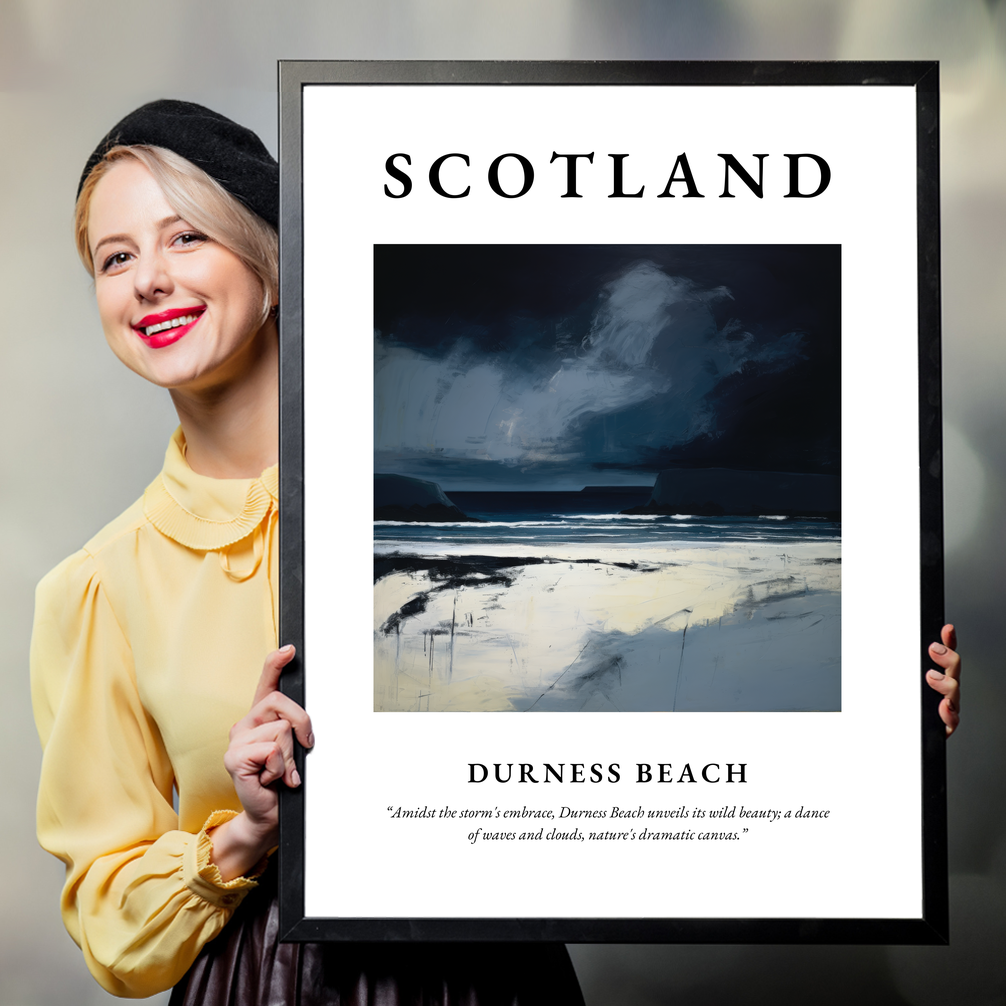 Person holding a poster of Durness Beach