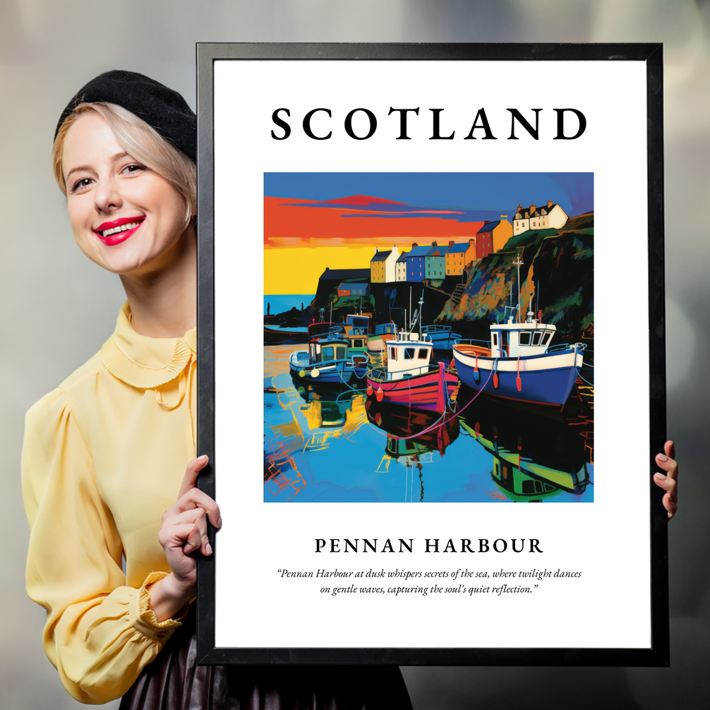 Person holding a poster of Pennan Harbour