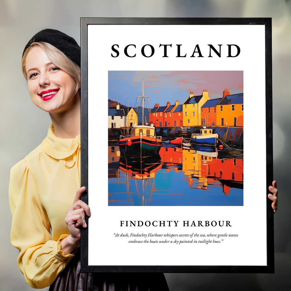 Person holding a poster of Findochty Harbour