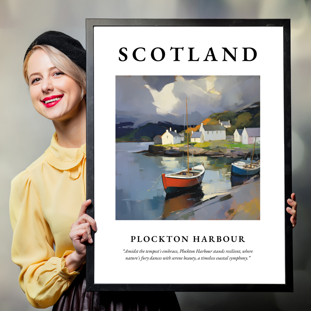 Person holding a poster of Plockton Harbour