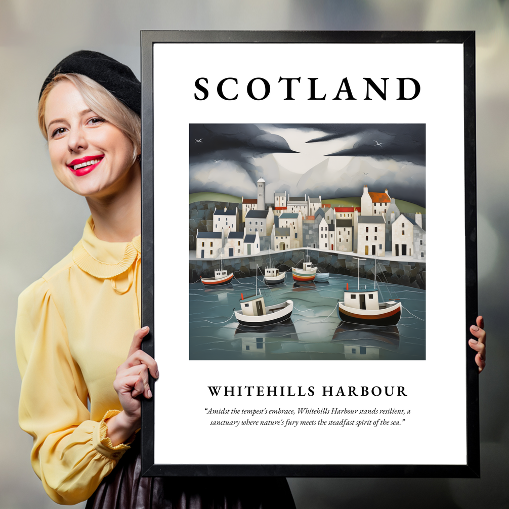 Person holding a poster of Whitehills Harbour