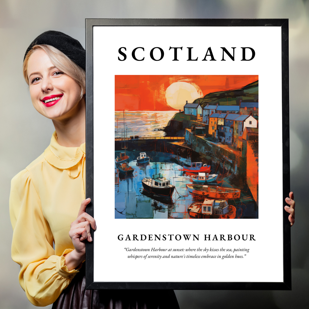 Person holding a poster of Gardenstown Harbour