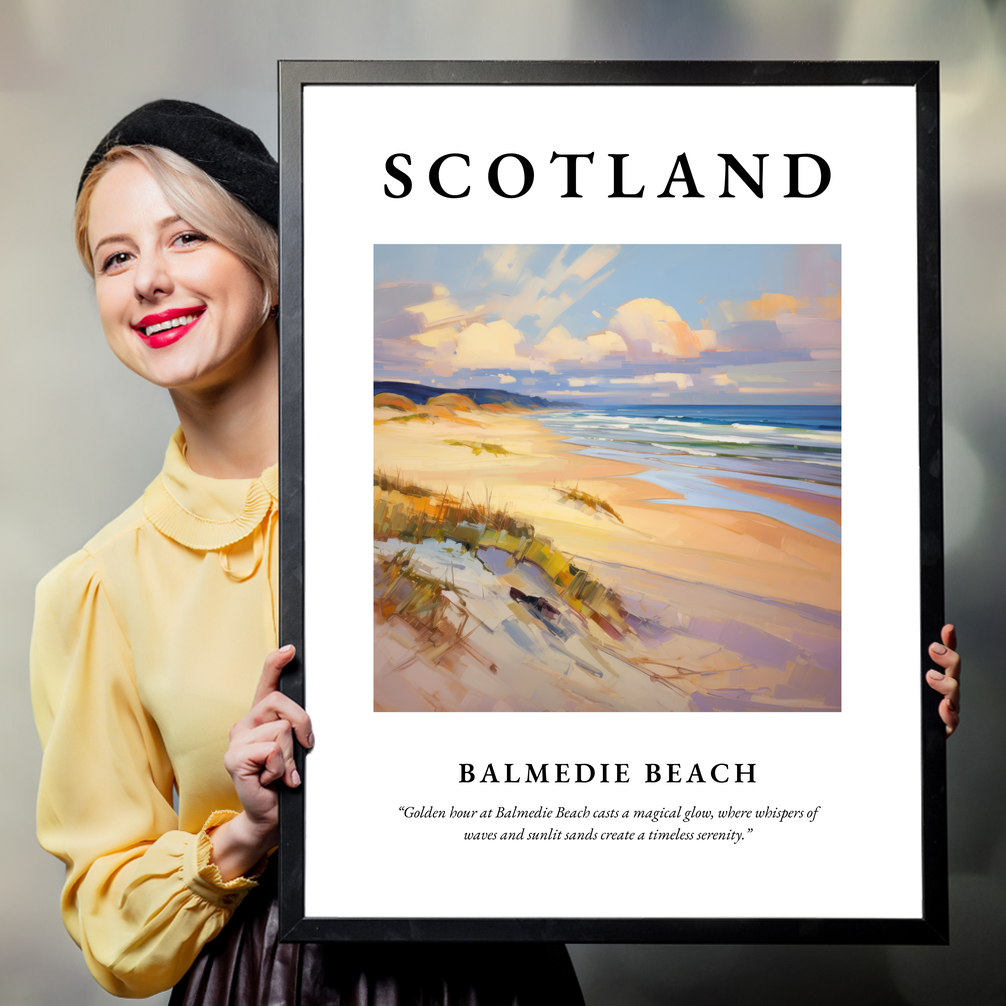 Person holding a poster of Balmedie Beach