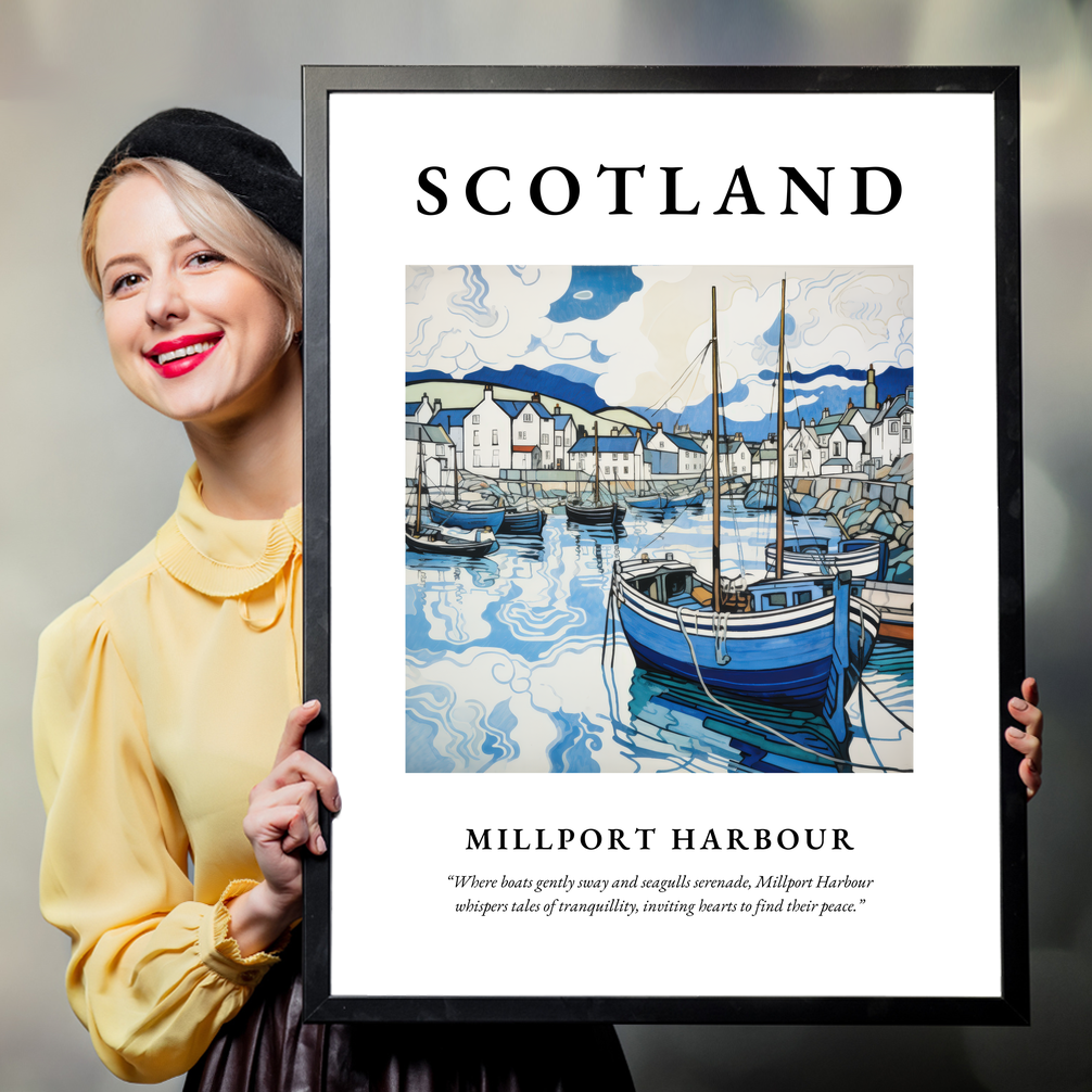 Person holding a poster of Millport Harbour