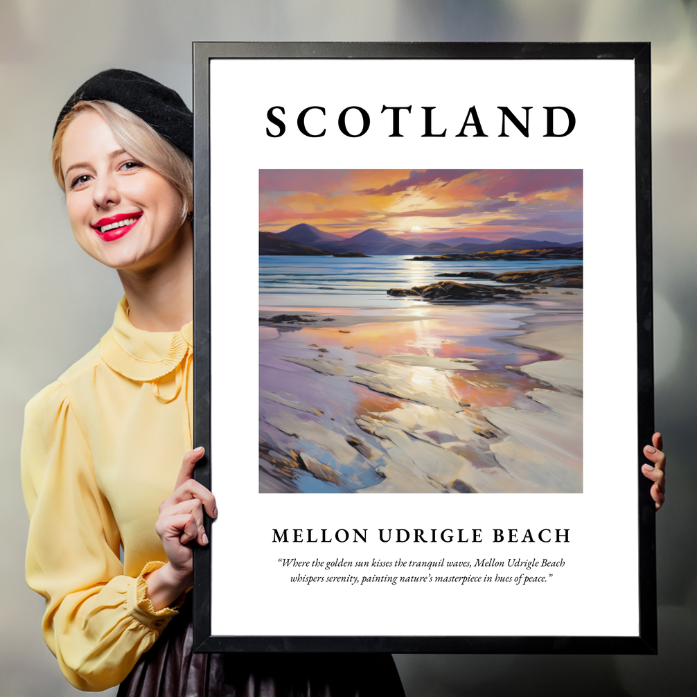 Person holding a poster of Mellon Udrigle Beach