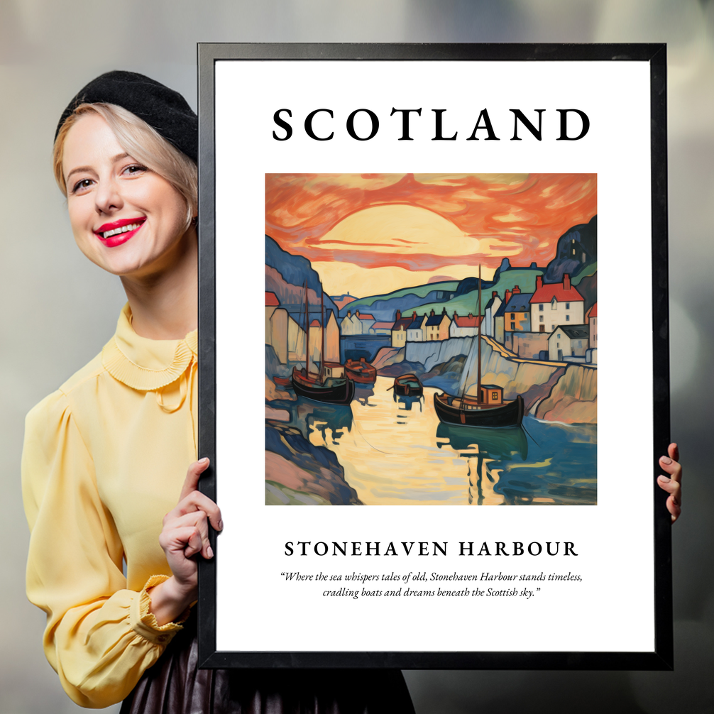 Person holding a poster of Stonehaven Harbour