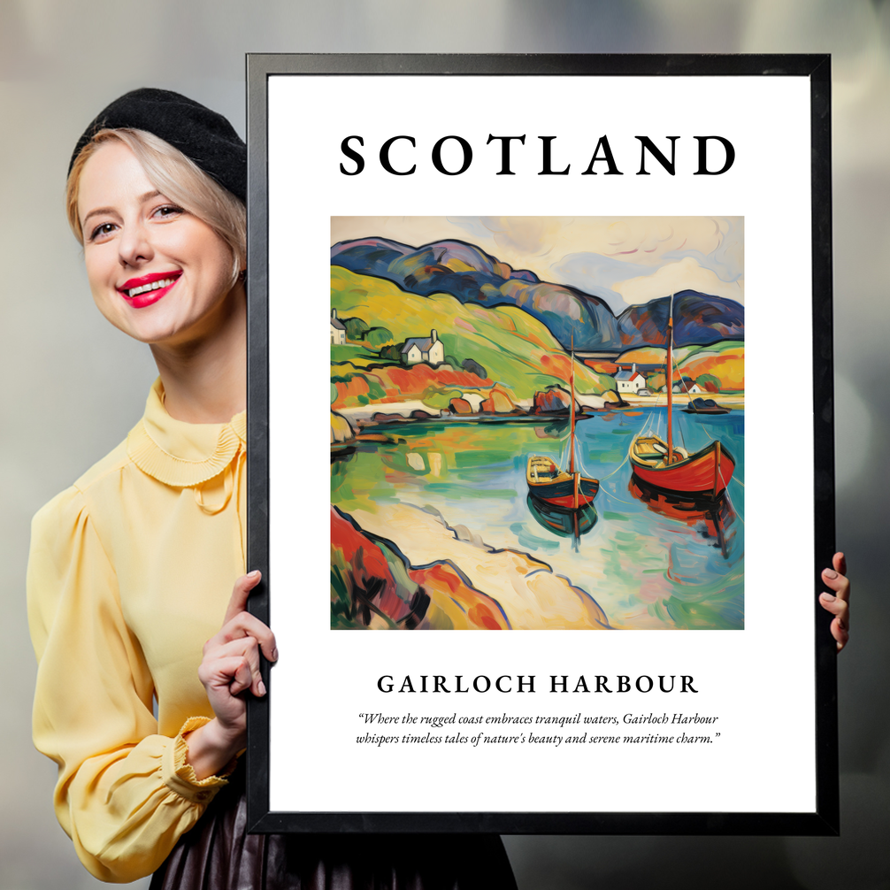 Person holding a poster of Gairloch Harbour